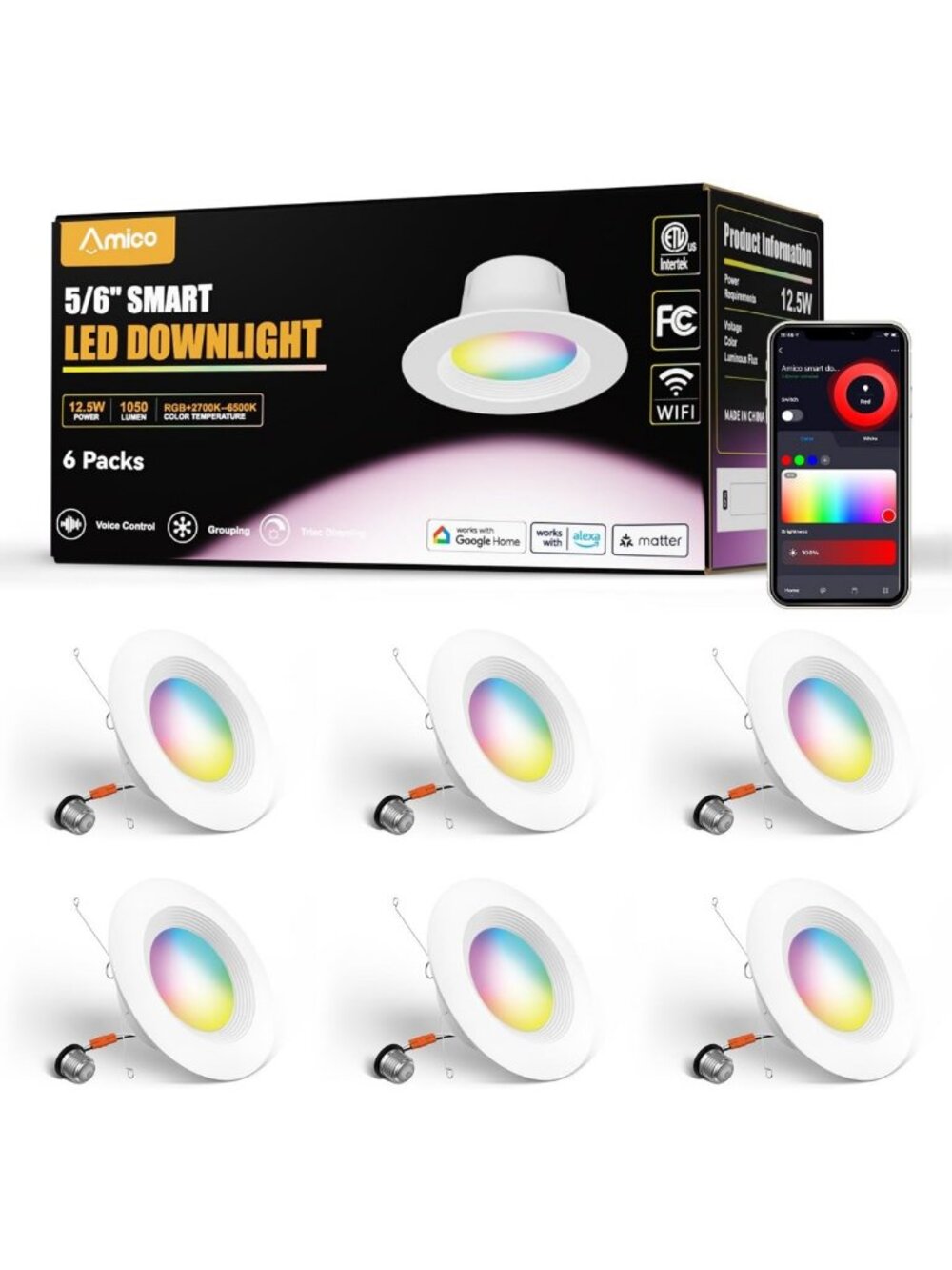 6 Pack Smart WiFi LED Recessed Can Lights, 5/6 Inch, IC & ETL Certified, Energy